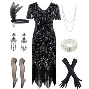 4688 1920s Sequin Beaded Tassels Hem Flapper Dress With 20s